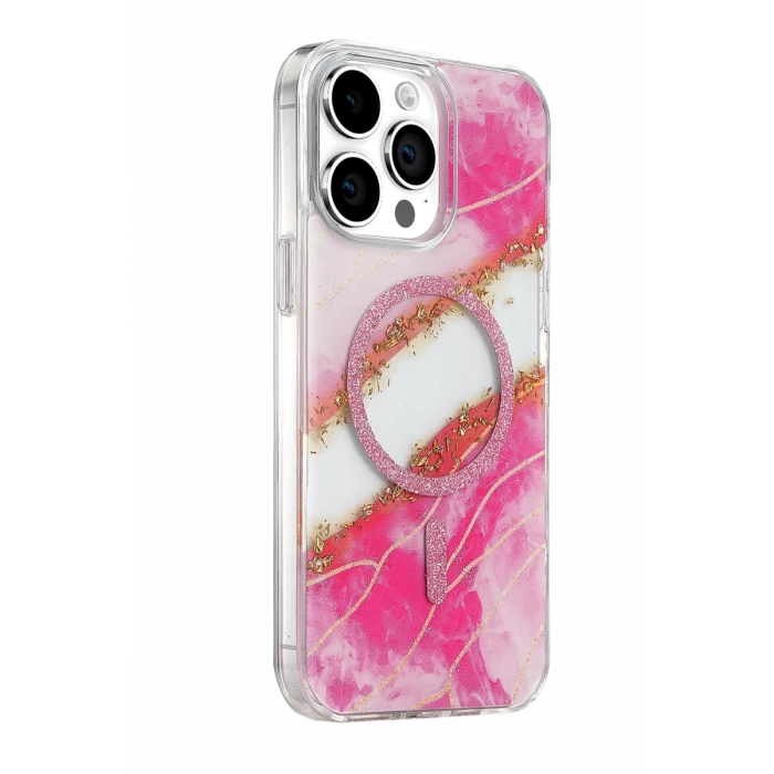 Onegif Apple iPhone 14 Pro Max Lotus Simli Magsafe Kapak - Pembe