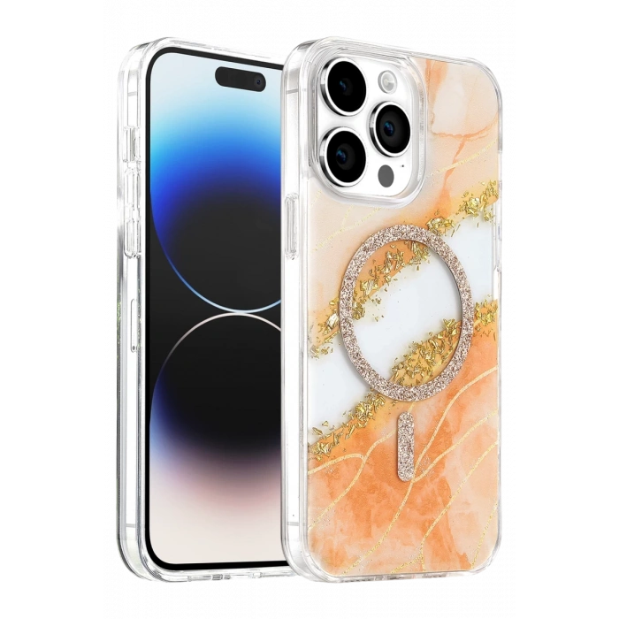 Onegif Apple iPhone 14 Pro Max Lotus Simli Magsafe Kapak - Turuncu