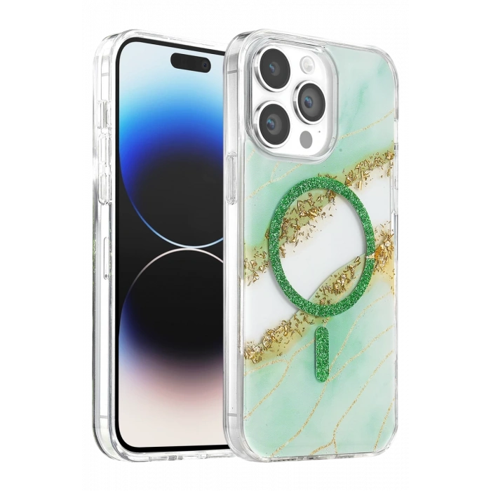 Onegif Apple iPhone 14 Pro Max Lotus Simli Magsafe Kapak - Yeşil
