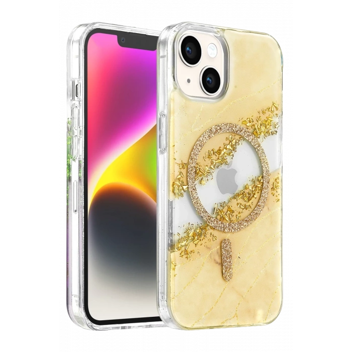 Onegif Apple iPhone 15 Lotus Simli Magsafe Kapak - Gümüş