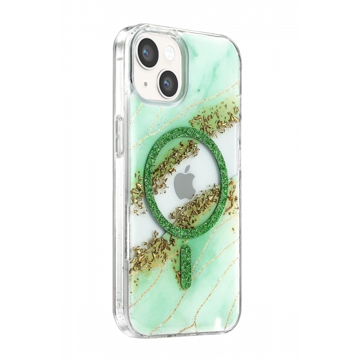 Onegif Apple iPhone 15 Lotus Simli Magsafe Kapak - Yeşil