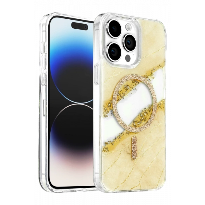 Onegif Apple iPhone 15 Pro Max Lotus Simli Magsafe Kapak - Gümüş