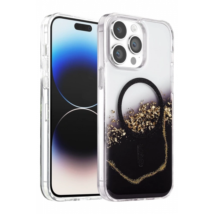 Onegif Apple iPhone 15 Pro Max Lotus Simli Magsafe Kapak - Siyah