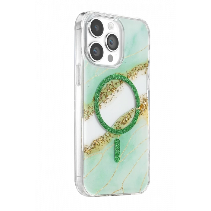 Onegif Apple iPhone 15 Pro Max Lotus Simli Magsafe Kapak - Yeşil