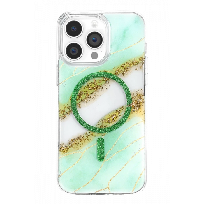 Onegif Apple iPhone 15 Pro Max Lotus Simli Magsafe Kapak - Yeşil
