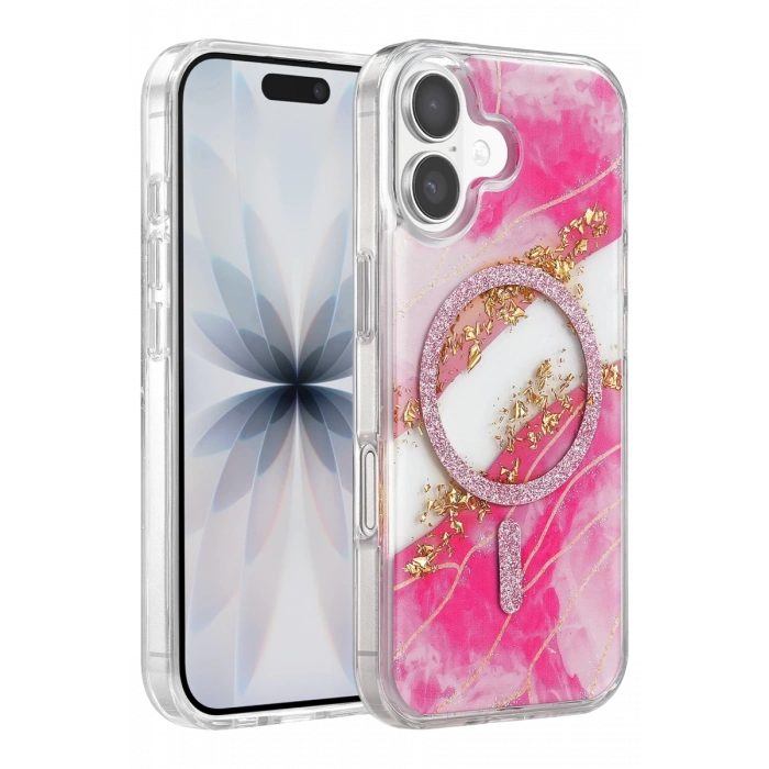 Onegif Apple iPhone 16 Lotus Simli Magsafe Kapak - Pembe