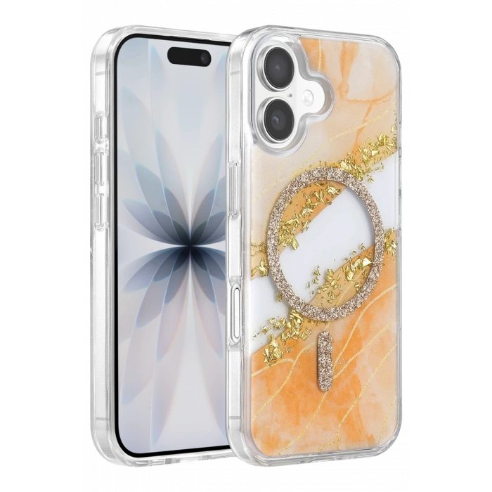 Onegif Apple iPhone 16 Lotus Simli Magsafe Kapak - Turuncu