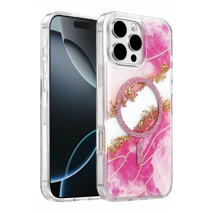 Onegif Apple iPhone 16 Pro Max Lotus Simli Magsafe Kapak - Pembe