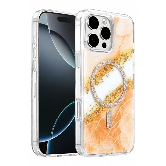 Onegif Apple iPhone 16 Pro Max Lotus Simli Magsafe Kapak - Turuncu