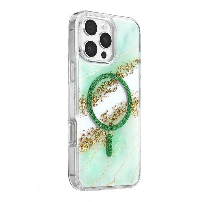Onegif Apple iPhone 16 Pro Max Lotus Simli Magsafe Kapak - Yeşil