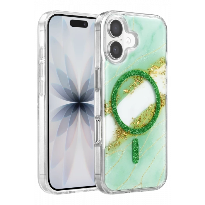 Onegif Apple iPhone 17 Lotus Simli Magsafe Kapak - Yeşil