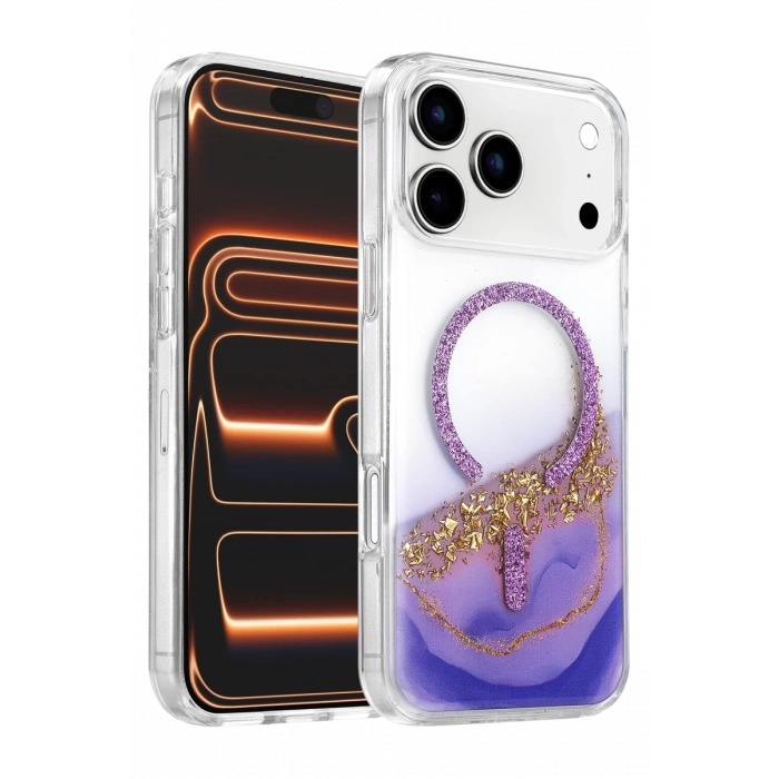 Onegif Apple iPhone 17 Pro Lotus Simli Magsafe Kapak - Mor