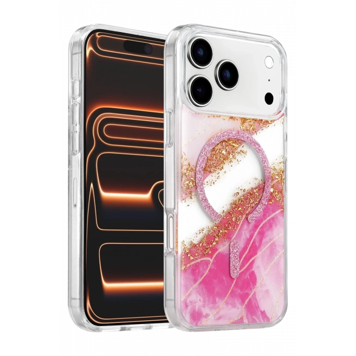Onegif Apple iPhone 17 Pro Lotus Simli Magsafe Kapak - Pembe