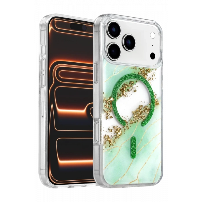 Onegif Apple iPhone 17 Pro Max Lotus Simli Magsafe Kapak - Yeşil