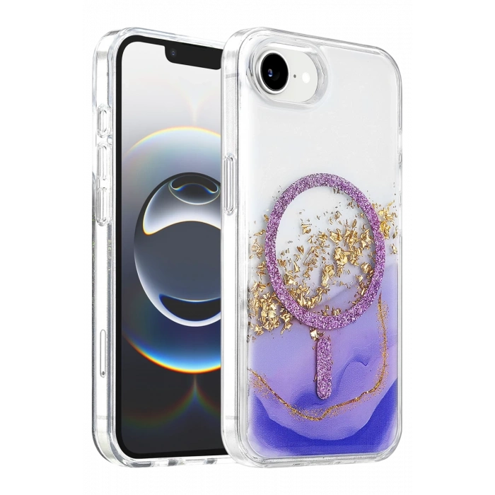 Onegif Apple iPhone 17E Lotus Simli Magsafe Kapak - Mor
