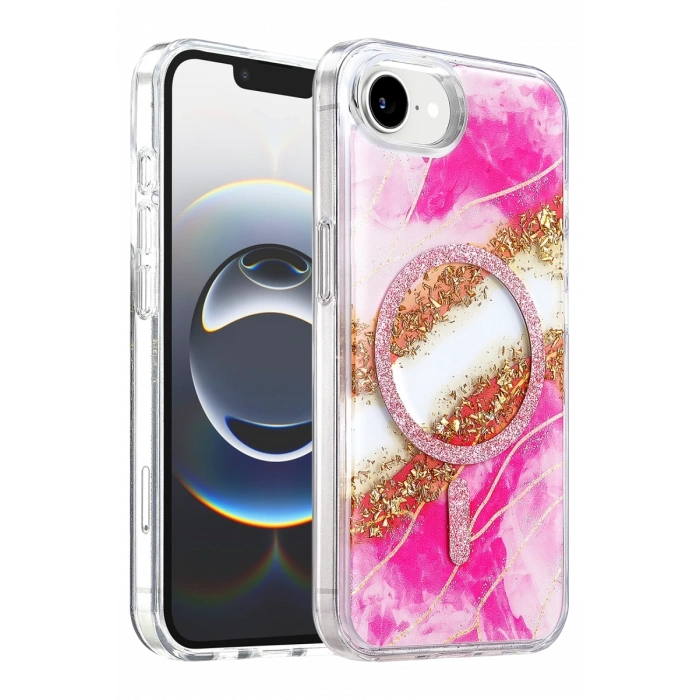 Onegif Apple iPhone 17E Lotus Simli Magsafe Kapak - Pembe