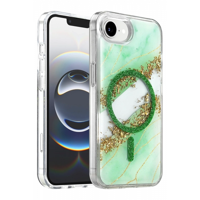 Onegif Apple iPhone 17E Lotus Simli Magsafe Kapak - Yeşil