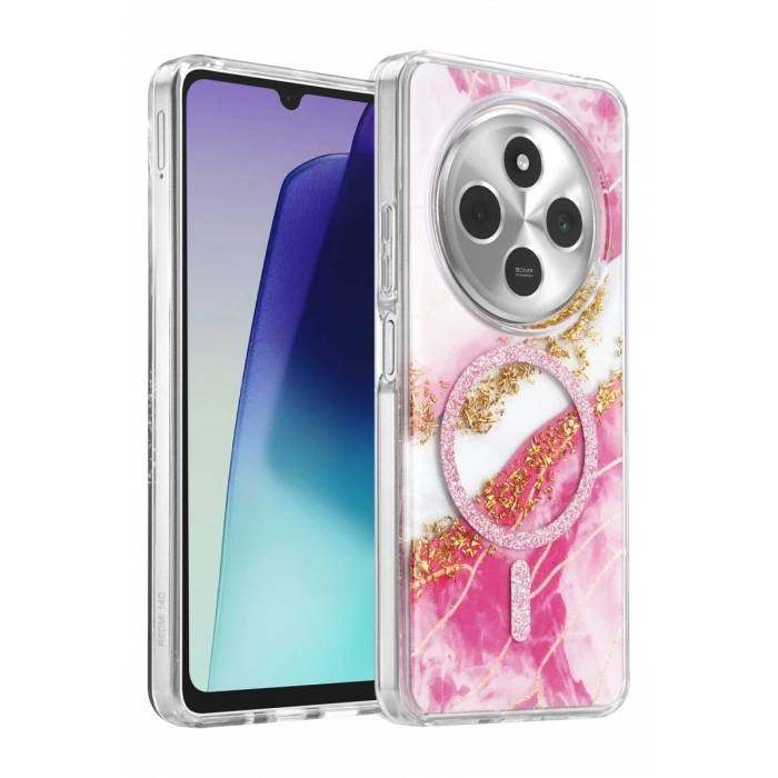 Onegif Xiaomi Redmi 14C Lotus Simli Magsafe Kapak - Pembe