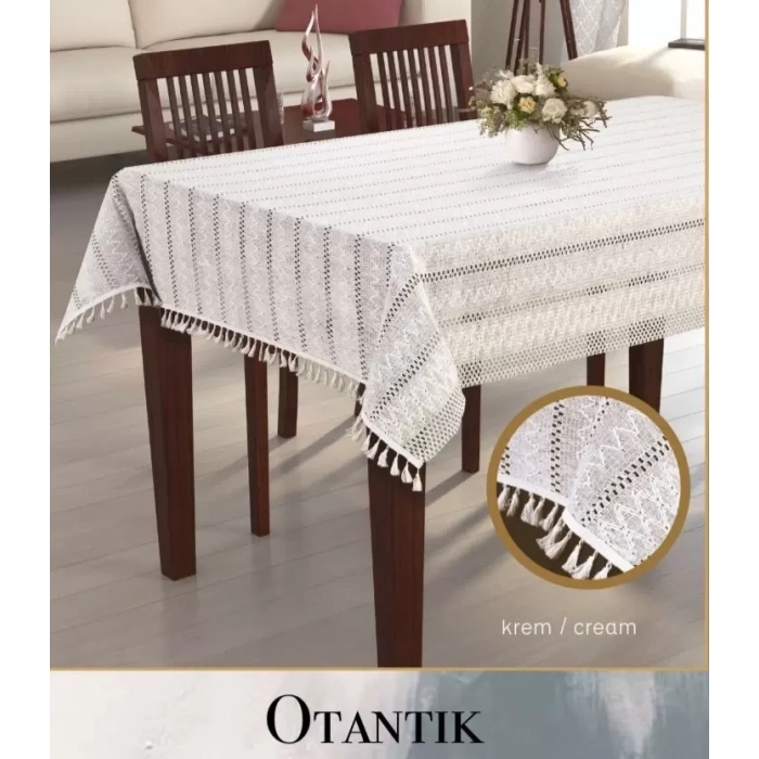 Otantik Model Krem 150x220 cm Pamuklu Masa Örtüsü Tablecloth Şık Yemek Masası