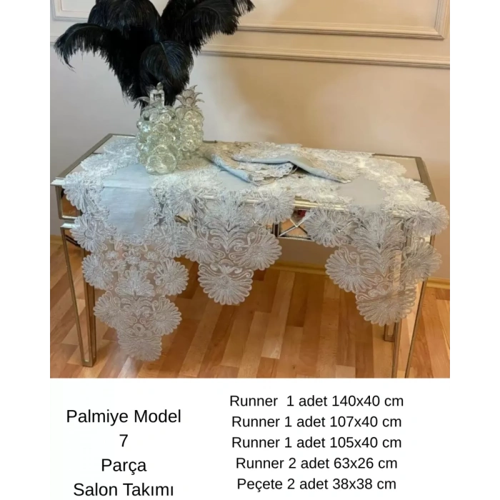 Palmiye Model Gri Keten Runner Seti Lüks Salon Takımı 7 Parça