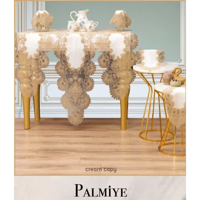 Palmiye Model Krem-Kapiçino 7 Parça Keten Masa Örtüsü Runner Seti