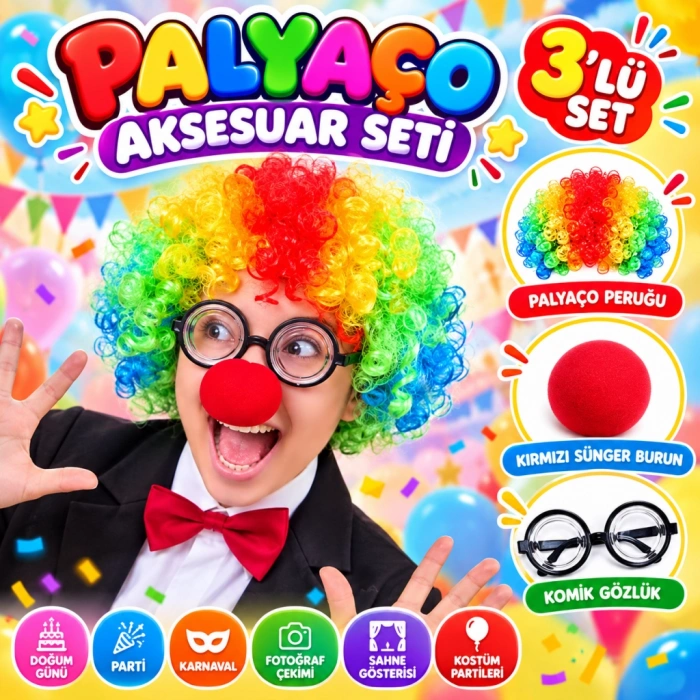 Palyaço Kostüm Aksesuar Seti 3’lü – Peruk Burun Gözlük