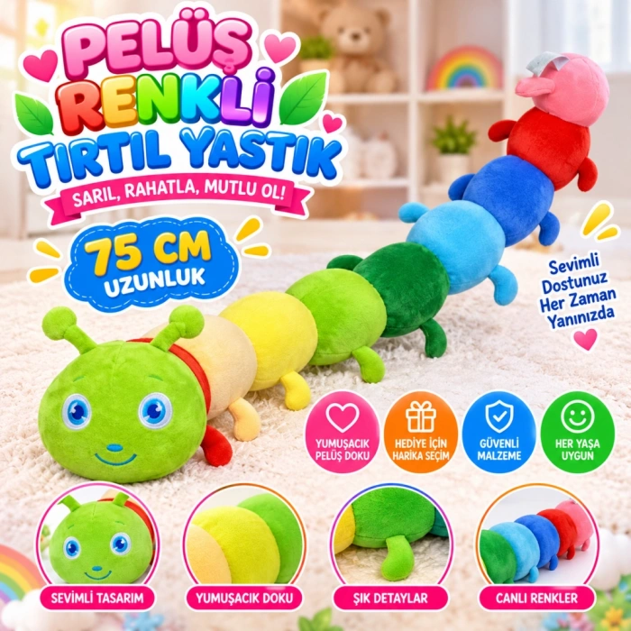 Peluş Renkli Tırtıl Yastık 75cm