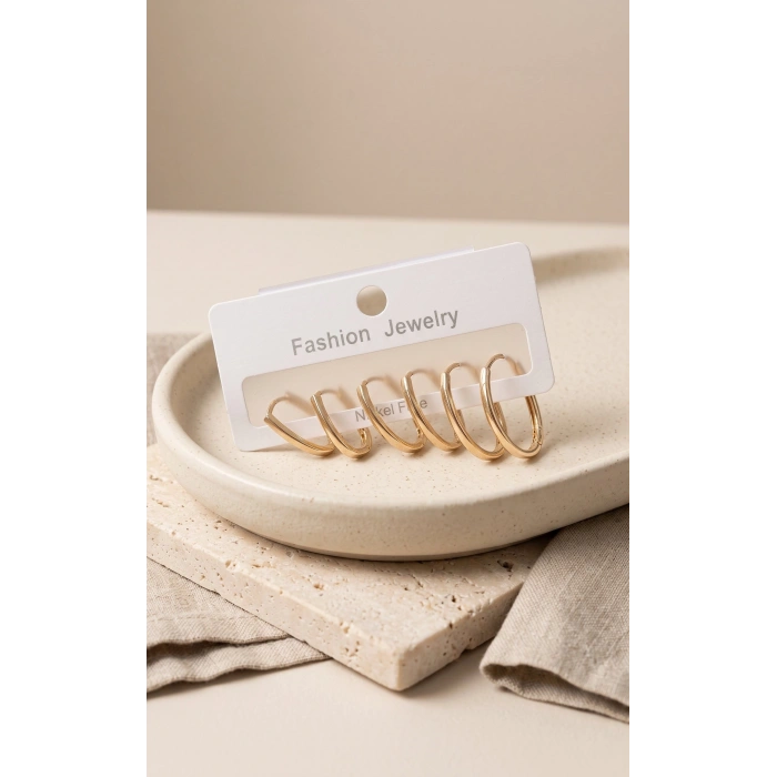 Pirinç Gold Renk İnce Oval Küpe Seti