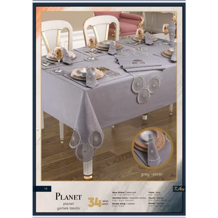 Planet Amerikan Servisli Gri-Silver 34 Parça 160 × 260 cm Masa Takımı