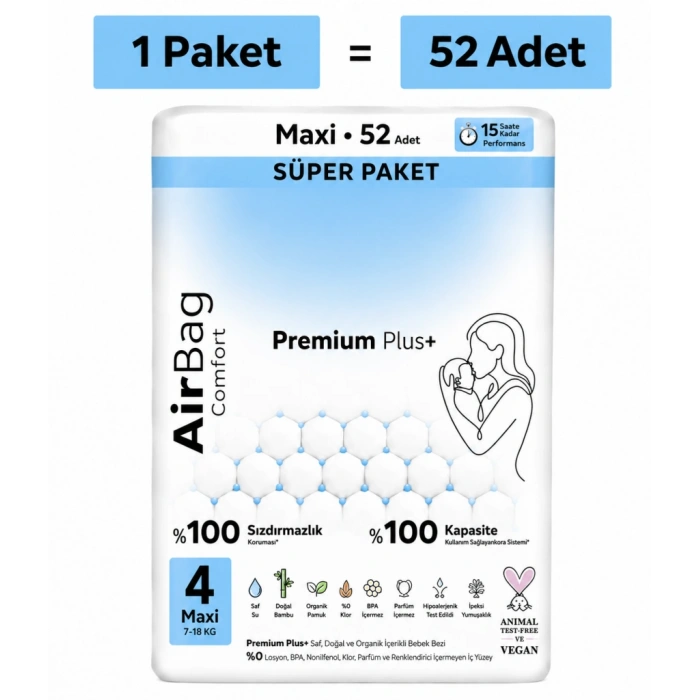 Premium Plus Airbag Comfort Bebek Bezi 4 Beden 52 Adet