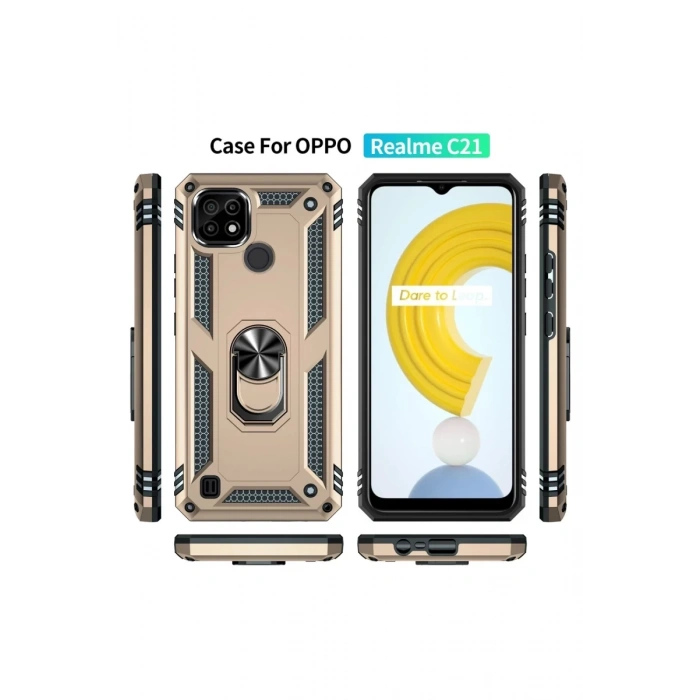 Realme C21 Uyumlu Kılıf Sofya Yüzüklü Silikon Kapak - Gold
