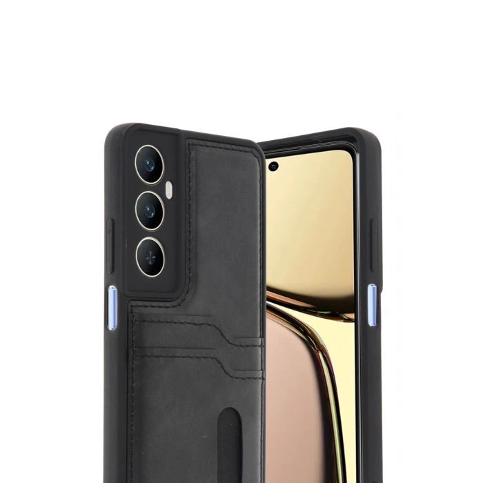 Realme C65 Uyumlu Sara Kartvizitli Deri Kılıf - Siyah