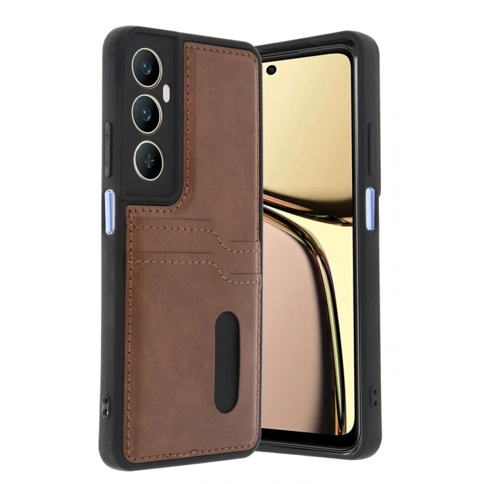Realme C65 Uyumlu Sara Kartvizitli Deri Kılıf - Taba