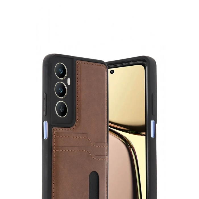 Realme C65 Uyumlu Sara Kartvizitli Deri Kılıf - Taba