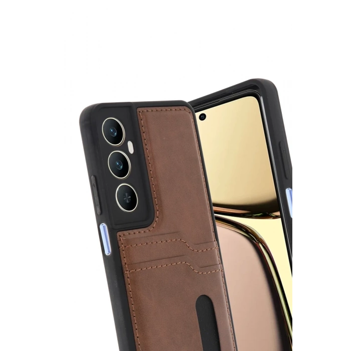 Realme C65 Uyumlu Sara Kartvizitli Deri Kılıf - Taba