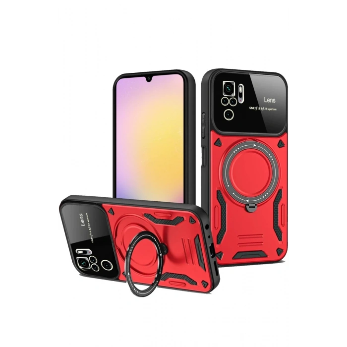 Xiaomi Redmi Note 10S Kılıf Joy Lens Standlı Kapak - Kırmızı