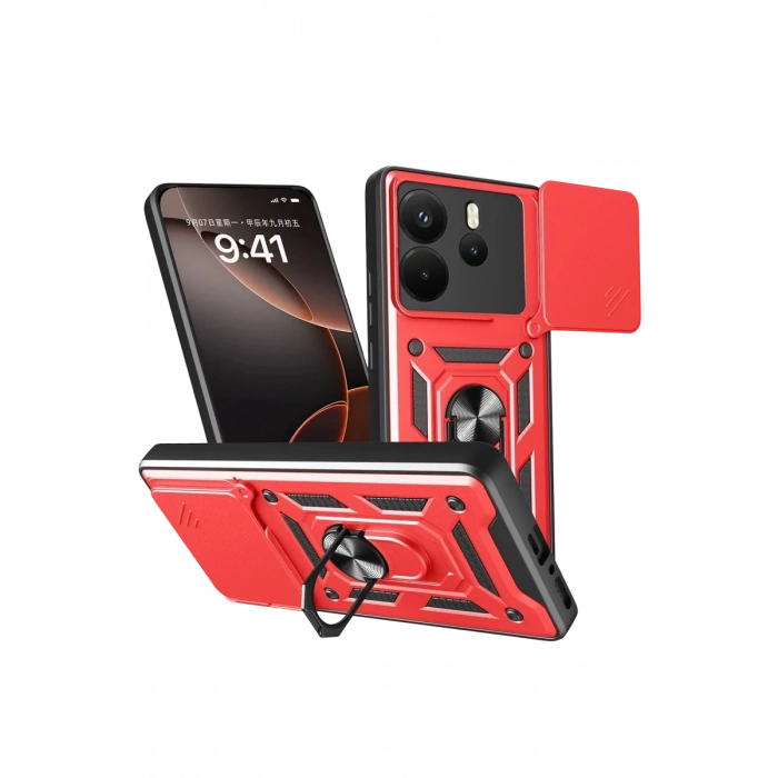 Xiaomi Redmi Note 14 4G Pars Lens Yüzüklü Silikon - Kırmızı