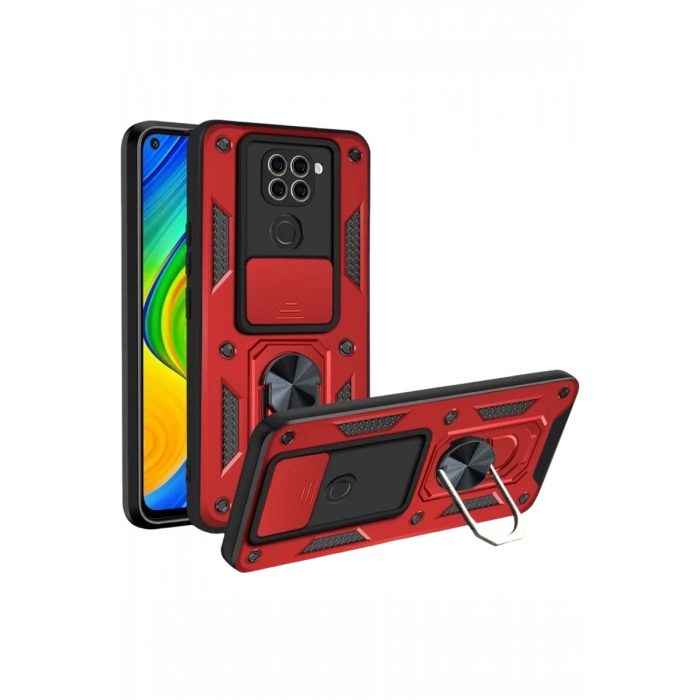 Xiaomi Redmi Note 9 4G Kılıf Pars Lens Yüzüklü Silikon - Kırmızı