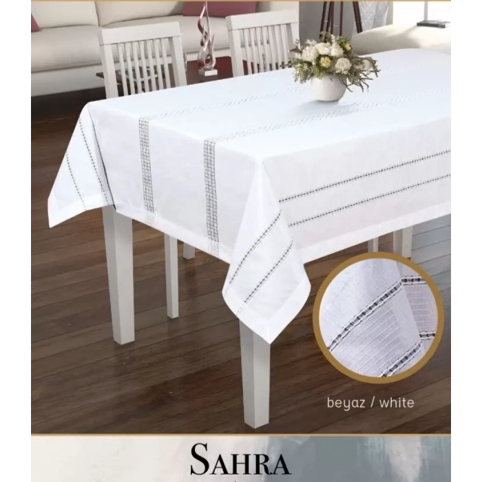 Sahra Model Beyaz 160x220 cm Polyester Ajurlu Keten Masa Örtüsü Tablecloth
