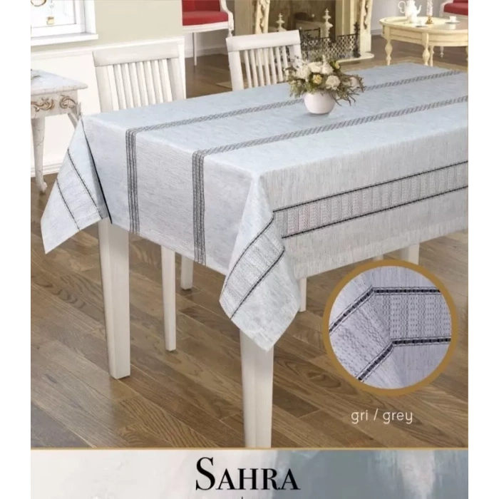 Sahra Model Gri 160x260 cm Polyester Ajurlu Keten Masa Örtüsü Dantelli Tablecloth