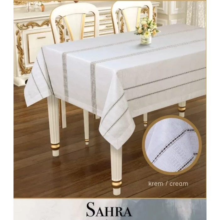 Sahra Model Krem 160x220 cm Polyester Ajurlu Keten Masa Örtüsü Tablecloth