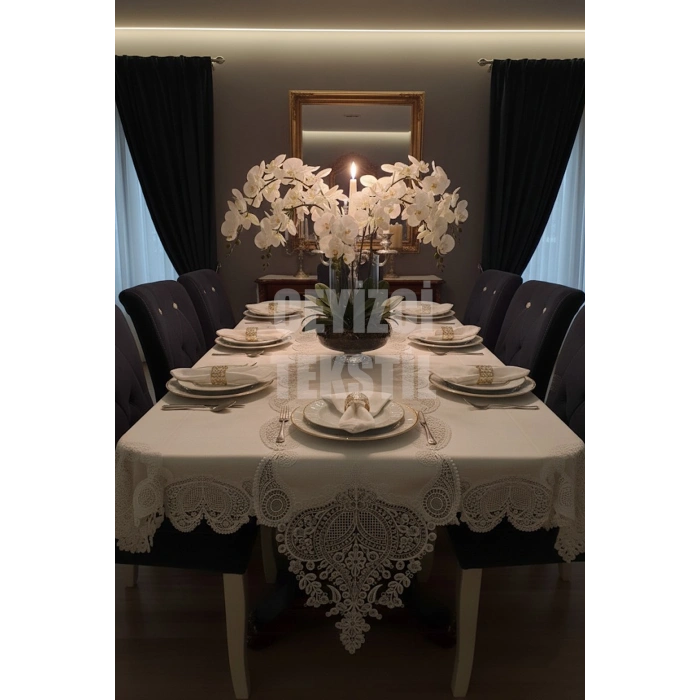 Salkım Masa Örtüsü 12 Kişilik Linen Kumas Krem Sofra Takımı