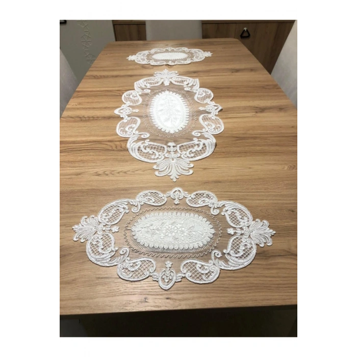 Salon Oda Takımı Dantelli Runner Set Üç Parça