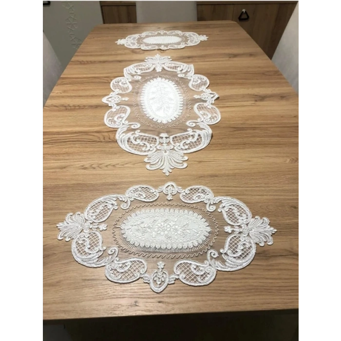 Salon Oda Takımı Dantelli Runner Set Üç Parça