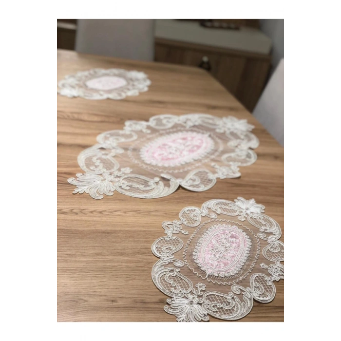 Salon Oda Takımı Dantelli Runner Set Üç Parça