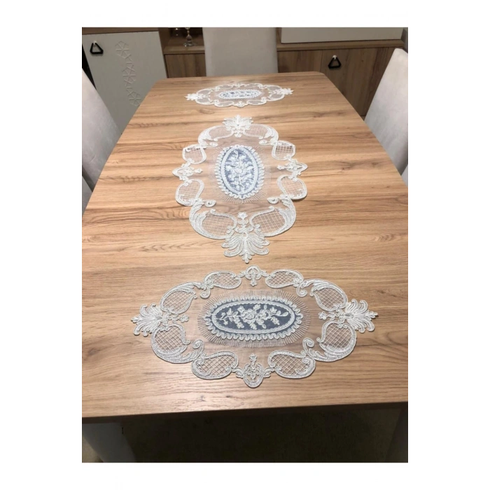 Salon Oda Takımı Dantelli Runner Set Üç Parça