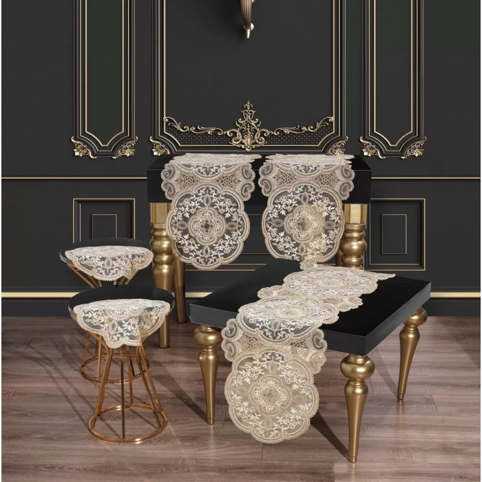 Salon Takımı 5 Parça Dantelli Masa Örtüsü Runner Seti Alya Model - Gold