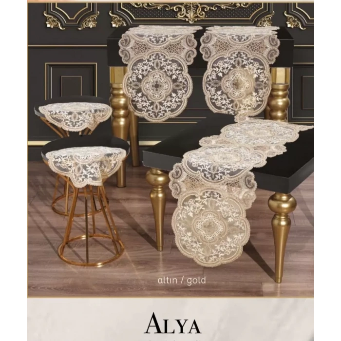 Salon Takımı 5 Parça Dantelli Masa Örtüsü Runner Seti Alya Model - Gold