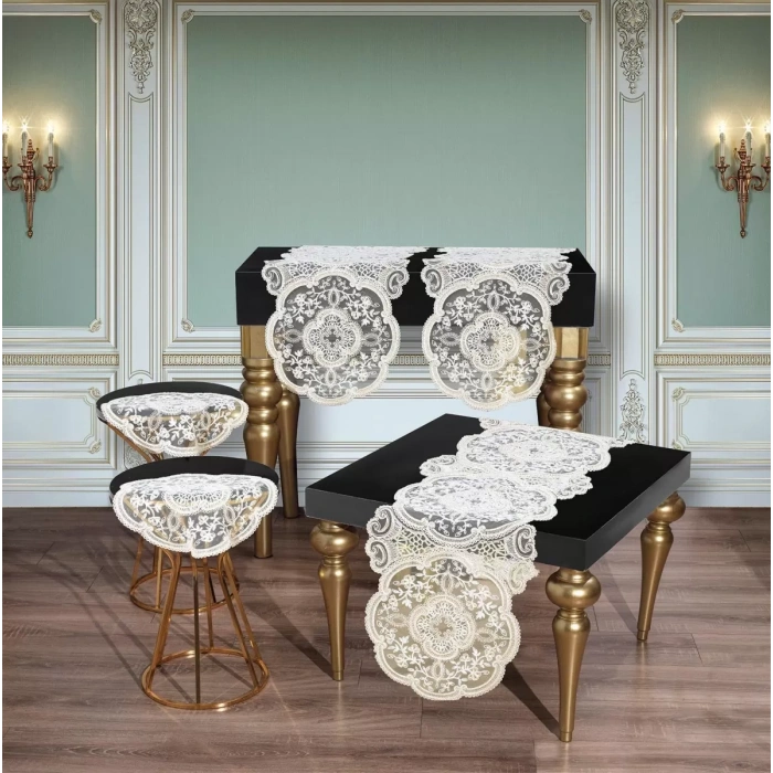 Salon Takımı 5 Parça Dantelli Masa Örtüsü Runner Seti Alya Model - Krem