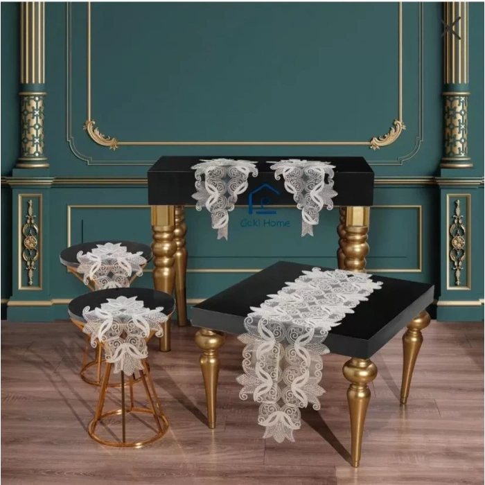 Salon Takımı 5 Parça Dantelli Masa Örtüsü Runner Seti Çeyizlik Zarif Model Krem